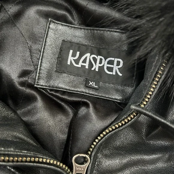 Kasper Leather Coat XL‎ Belted Fur Trim Hooded Black Winter Jacket Women vintage - Picture 6 of 11